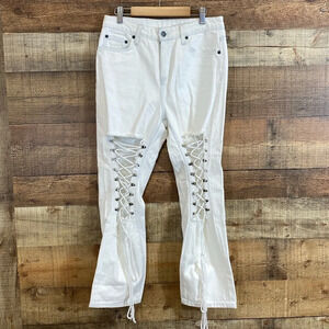 Carmar Jeans Womens Size 25 White Cropped High Rise Loose Adjustable Lace up Leg
